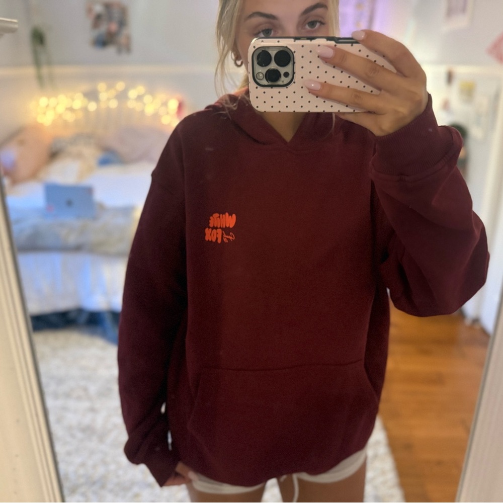 White Fox Boutique Maroon Hoodie with Small Orange Logo